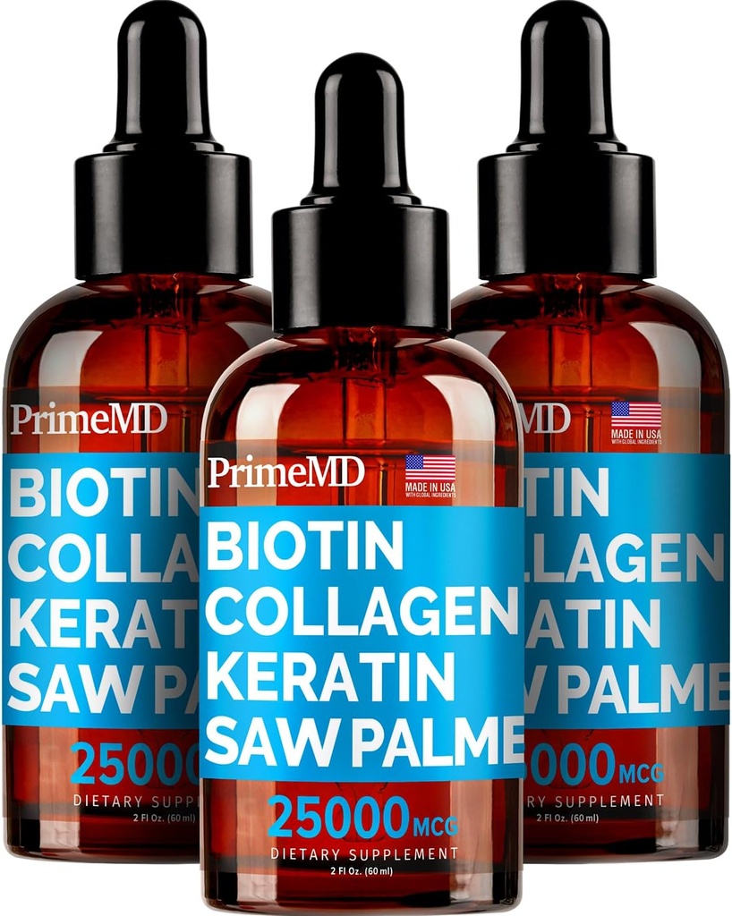 PrimeMD 4-σε-1 Liquid Biotin Collagen Keratin Saw Palmetto Drops (3 Pack) Bundle - 25000mcg Hair Nails and Skin Vitamins for Women & Men - 2 Fl Oz Κάθε, Καρπούζι Γεύση, Χωρίς Γλουτένη, Μη ΓΤΟ
