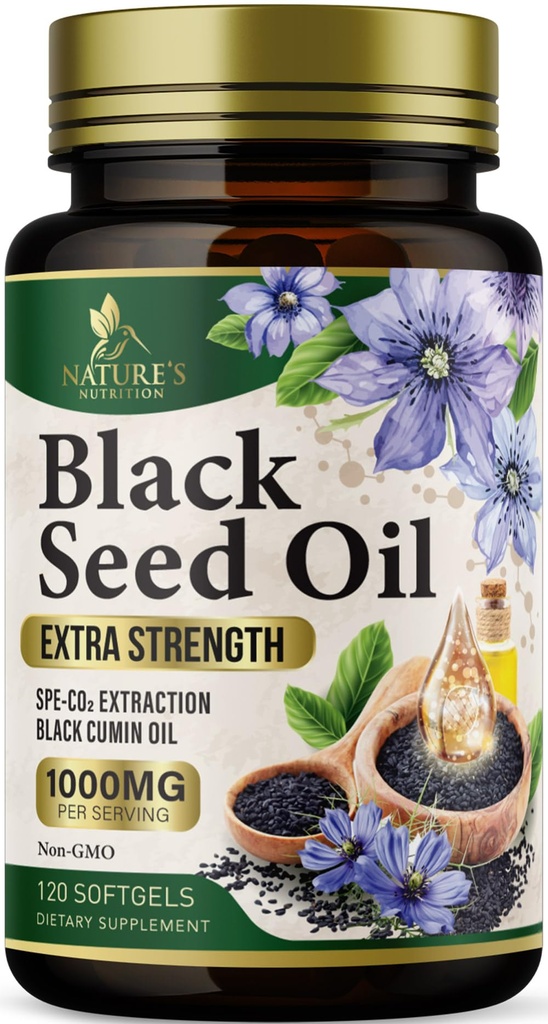 Black Seed Oil Softgels 1000mg - Premium Nigella Sativa Blackseed, Pure Natural Black Cumin Seed Oil & Antioxidant for Skin & Immune Support - Μη ΓΤΟ, Εμφιαλωμένο στο συμπλήρωμα ΗΠΑ - 120 Softgels