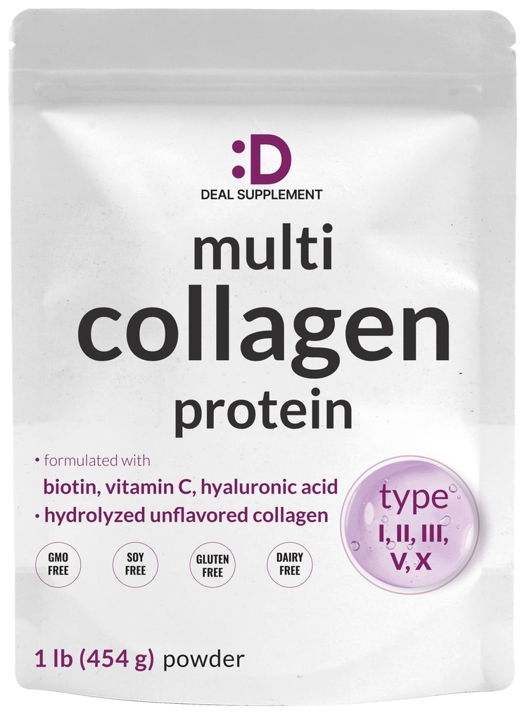 Multi Collagen Protein Toz,1Lb - Tip I, II, III, V, X Collagen Peptides with Biotin 1000006, Vitamin C & Hyaluronic Acid - Unflavored - Keto & Paleo Friendly, Great for Hair, Skin, Nails & Commons