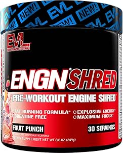 EVL Ultimate Preworkout Powder - Θερμογόνος καύση λίπους Υποστήριξη Preworkout Powder Drink for Lasting Energy Focus and Stamina - ENGN Shred Intense Creatine Free Preworkout Drink Mix - Fruit Punch