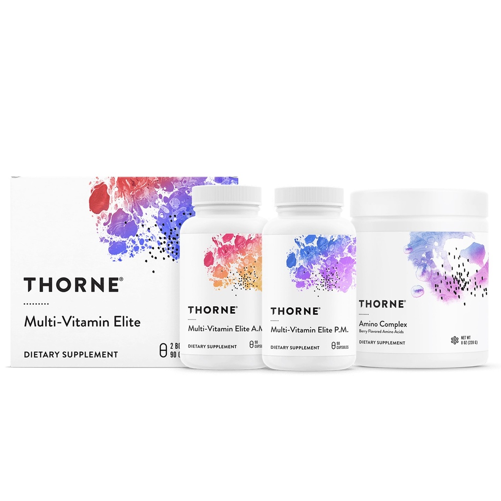 THORNE - Multi-Vitamin Elite AM & PM (180 κάψουλες) & Amino Complex (Berry, 8 Oz) Bundle - Υποστηρίζει την παραγωγή ενέργειας και την αθλητική απόδοση - Γλουτένη, γαλακτοκομικά & χωρίς σόγια