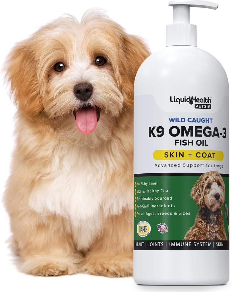 Bitkisel Sağlık Evcil hayvanlar için K9 Omega 3 Balık Yağı - EPA + DPA + DHA ile Evcil hayvanlar için sıvı Omega 3 Supplement - Isching & Shedding, Support Commons, Immunity, Brain & Heart Health - USA Made (16 oz)