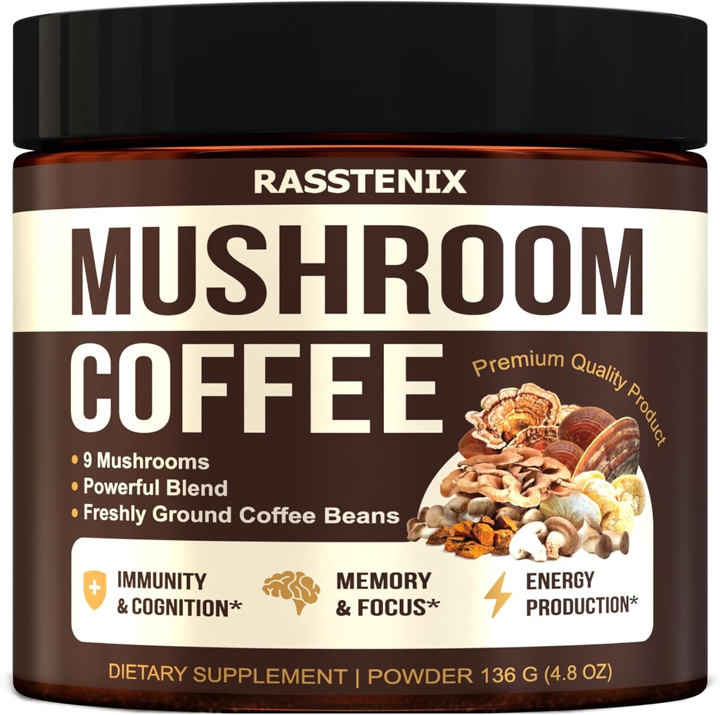 Mushroom Mix - 9 Mushroom Adaptagen Mix - Lion's Mane, Chaga, Vitaminler - Medium Dark Roast - Instant - Immune Support - Gluten-Free and Sugar-Free