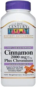 21ος αιώνας Κανέλα 2000 mg ανά υπηρεσία Plus Chromium Vegetarian Κάψουλες 120 ea (πακέτο των 4)