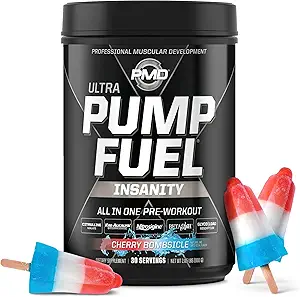 PMD Sports Pump Fuel Ultra Insanity - Premium Pre Workout Powder & Muscle Pump, Greater Focus, Endurance & Recovery, Premium Creatine, Arginine & Beta Alanine - Cherry Bombsicle (30 Servings)