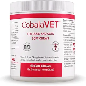 CobalaVet Vitamin B12 & B9 για μικρά σκυλιά & γάτες - Υποστηρίζει το νευρικό σύστημα, λειτουργία του εγκεφάλου, ανοσοποιητική άμυνα & ανάπτυξη κυττάρων - Σχηματισμός κυττάρων αίματος - Μεταβολική διαδρομή - 60 μαλακά μάσημα