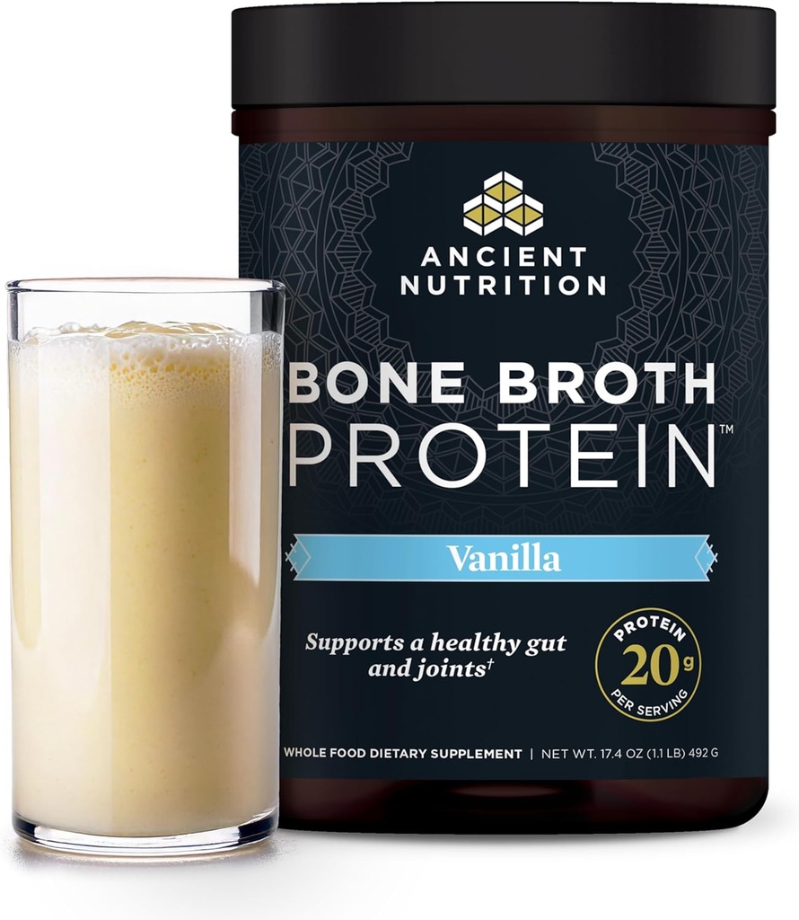 Αρχαία διατροφή Grass Fed, Cage Free, Bone Broth Protein Powder, 20g πρωτεΐνη, Hydrolyzed Collagen Peptides, Keto & Παλαιοφιλικές, υποστηρίζει Joint, Gut Health, Vanilla, 20 εξυπηρετούν