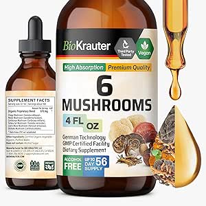 BIO KRAUTER 6 Mushrooms Supplement 6-in-1 - Lions Mane, Shiitake,Turkey Tail, Cordyceps, Reishi & Chaga Liquid Extract - Mushroom Complex Tincture - Vegan Drops 4 Fl.Oz.