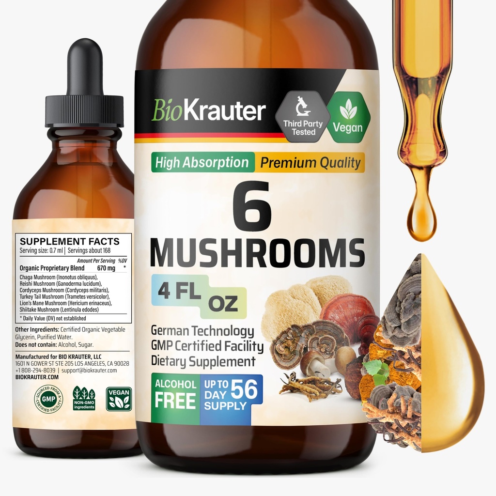 BIO KRAUTER 6 Mushrooms Supplement 6in-1 - Lions Mane, Shiitake, Türkiye Tail, Cordyceps, Reishi & Chaga Sıvı Tür - Mushroom Kompleks Tincture - Vegan Drops 4 Fl.Oz.