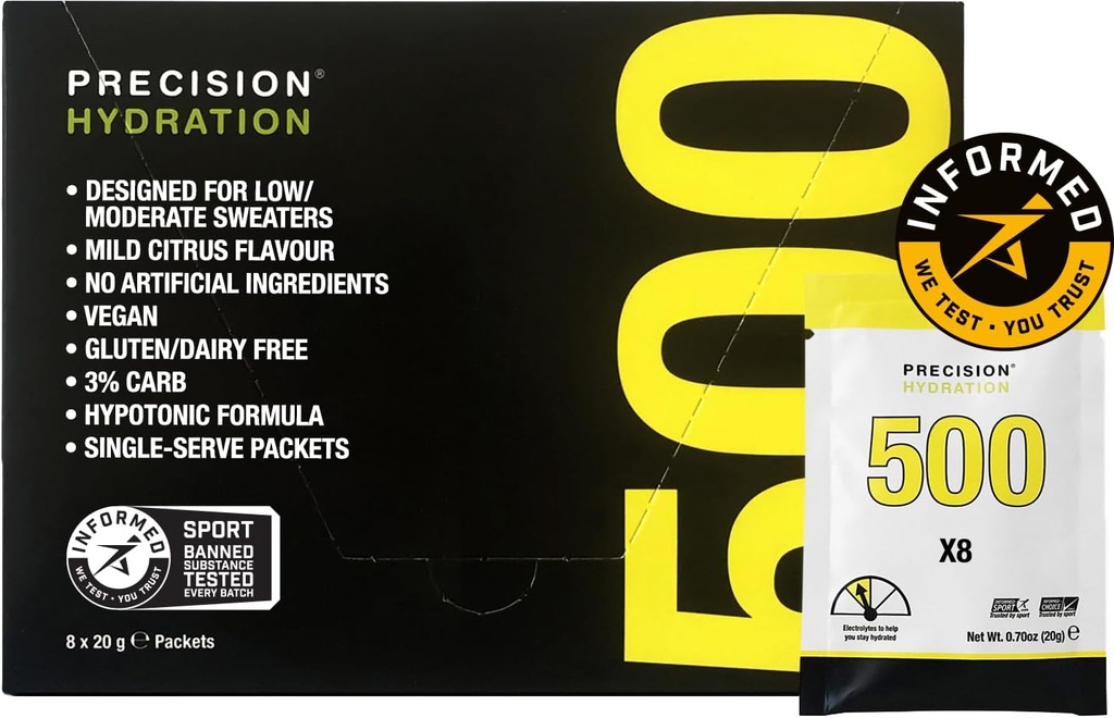 Precision Hydration Electrolyte Drink Mix - All Natural Multi Strength Electrolyte Tozlar - Bireysel Sular - Gluten/Dairy Free (500 mg/L - Sarı Packet, Pack of 8)