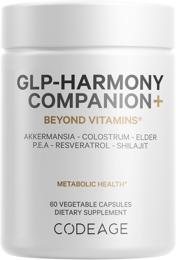 Kodage GLP-Harmony Companion+ Supplement - GLP-1 Agonist Destek - Lion's Mane, Pea, Colostrum, Shilajit, Akkermansia, Elder, Citrus Bioflavonoids, Broccoli, Resveratrol - Non-GMO - 60 Capsules