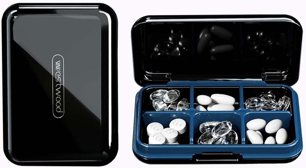 DUBSTAR Seyahat Pill, Pocket Purse 6 Karşılaştırmalı Portreatif Pill Vaka Tıp Vitamini Konteyner, Black Pill Case Medicine Vitamin Sahibi Konteyner,Black Pill Box for Pocket Purse 6 Karşılaştırmalı Portre