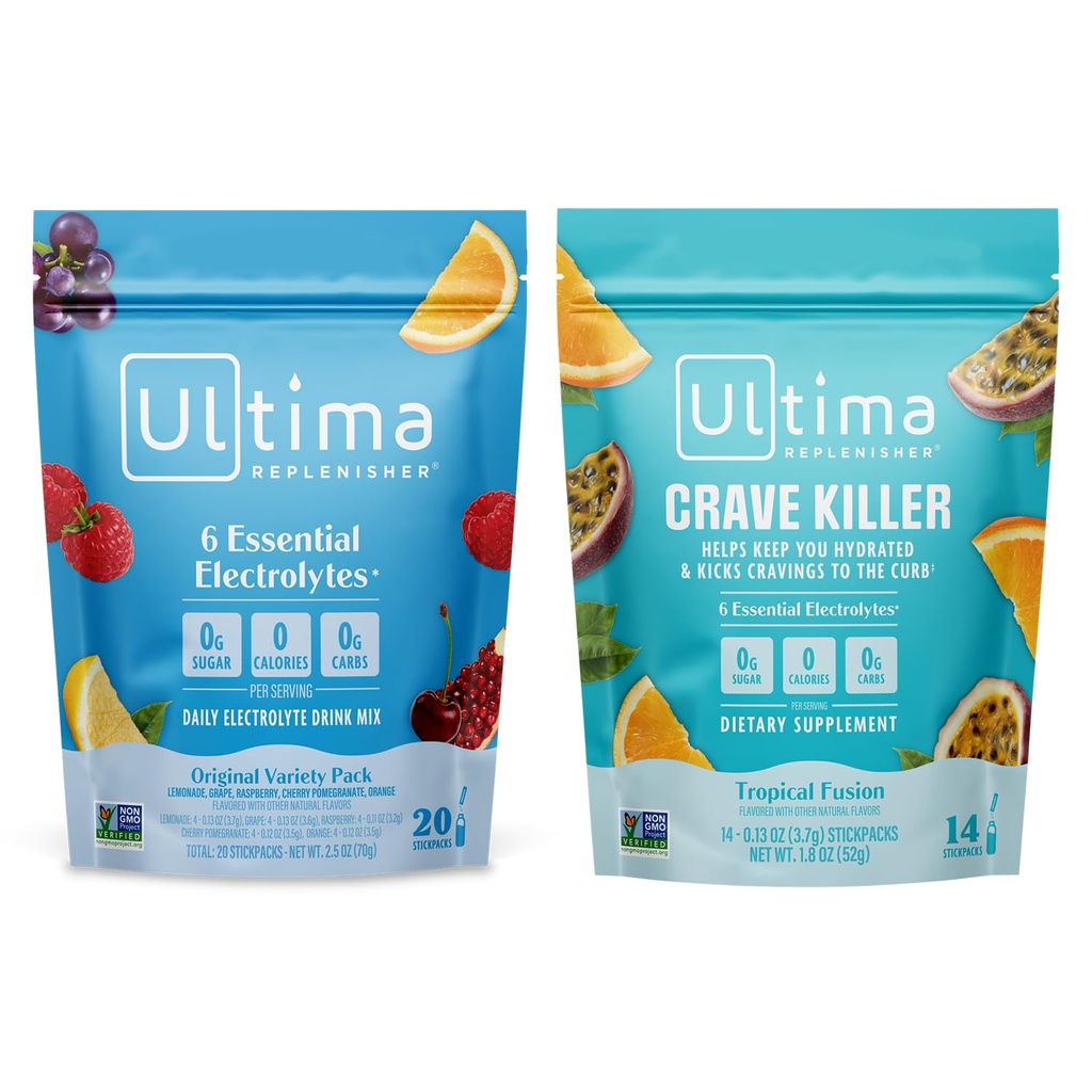 Ultima Replenisher Electrolyte Powder Drink Mix Bundle – Sugar Free – Variety, Crave Killer – 20 Stickpacks, 14 Stickpacks – 6 Electrolytes and Minerals – Keto Friendly, Vegan, Non-GMO