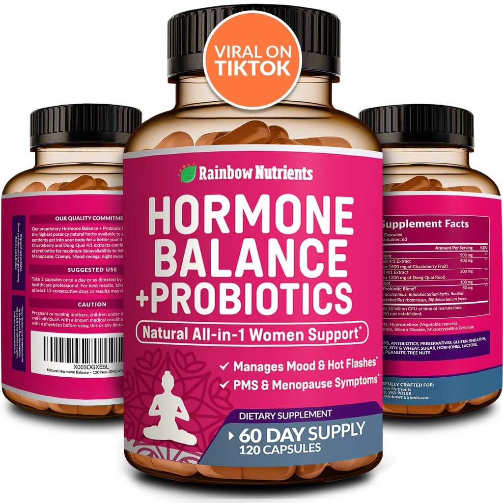 Hormon Dengesi + Kadınlar için Probiyotikler Doğal Menopause Relief, Kilo Yönetimi, Bloating, Hot Flashes, PMS | Organik Maca, Chasteberry, Dong Quai & Black Cohosh | Non GMO |120 V Capsules