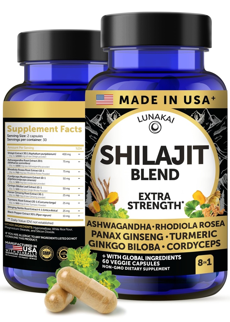 Lunakai USA Ashwagandha, Rhodiola & Cordyceps - Ekstra Güçlü Shilajit Men & Women için 60.