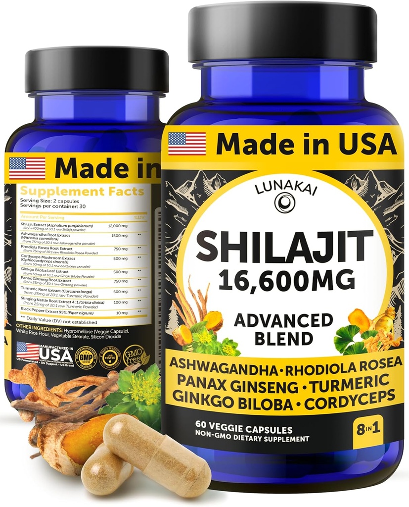 Lunakai USA Ashwagandha, Rhodiola & Cordyceps - Ekstra Güçlü Shilajit Men & Women için 60.