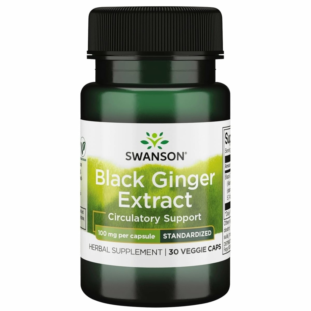 Swanson Black Ginger Extract - Sağlıklı Kan Circulation and Physical Vigor - May Aid Heart Health, Muscle Tound, and Wellness - (30 Veggie Capsules, 100 mg Her) 1 Pack