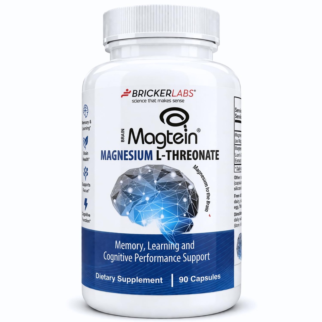 Bricker Labs Magtein® Magnesium L-Threonate Supplement – Brain Health, Memory, Focus, Learning & Cognitive Function Support – 90 Capsules, 30 Servings