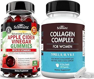 BioSchwartz ACV Apple Cider Vinegar Gummies with B Complex Vitamins (3 Ay Supply) Plus Hydrolyzed Collagen Peptide Capsules (45 Day Supply)