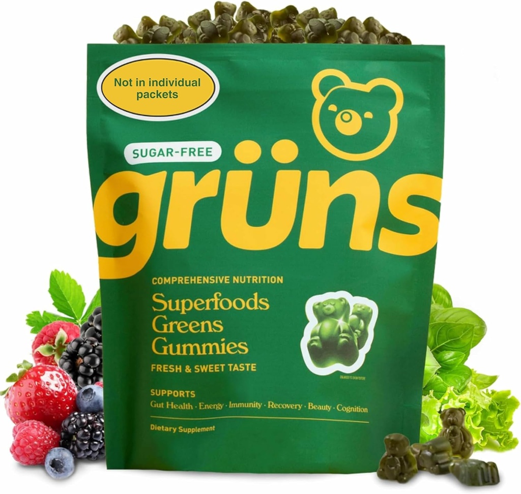 Gruns Yetişkin Sugar-Free Super Greens Gummies - Superfood Gummy Bears with Spirulina, Chlorella, Fiber & Prebiyotiks for Digestive Health, Adaptogen Supplement with 20 Vitamins & Minerals, 2 Hafta Supply