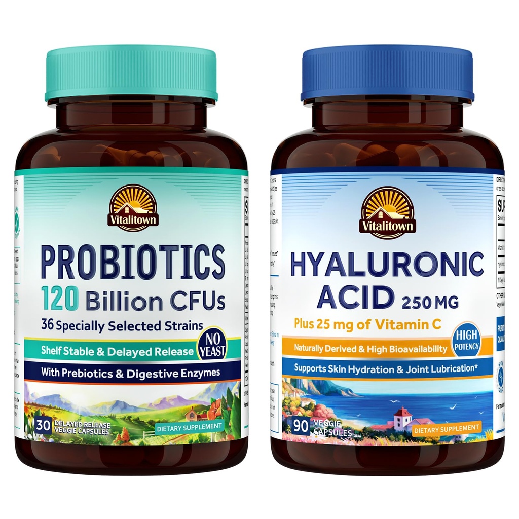 Vitalitown Gut-Skin Sche (Pack of 2) | Probiyotikler 120 Milyar CFUs (Item 1) & Hyaluronic Asit (Item 2) | 30 + 90 Capsules