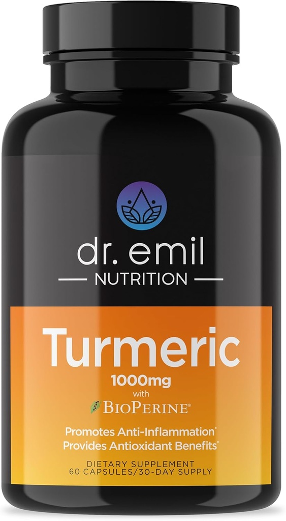 DR. EMIL NUTRITION Turmeric Curcumin with Black Pepper Supplement - Turmeric Capsules with BioPerine for Easy Abors - 1000 mg Turmeric Supplement, 60 Capsules