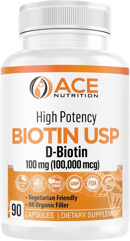 Υψηλής ισχύος βιοτίνη USP (D-Biotin 100.000mcg) - Superior Βιοτίνη, Βιολογικό Αλεύριο ρυζιού, Χορτοφαγικές κάψουλες για την υγεία των μαλλιών, του δέρματος, και της μυελίνης, Made in the USA (100mg/90 Κάψουλες)