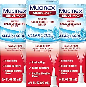 Mucinex Sinus-Max Nasal Spray Αποσυμφορητικό, 12 ώρες Over-The-Counter Medication Spray για Sinus Relief, Ρινικά Αποσυμφορητικά για Ενήλικες, Ψύξη Menthol, 0.75 Fl Oz (Pack of 3)