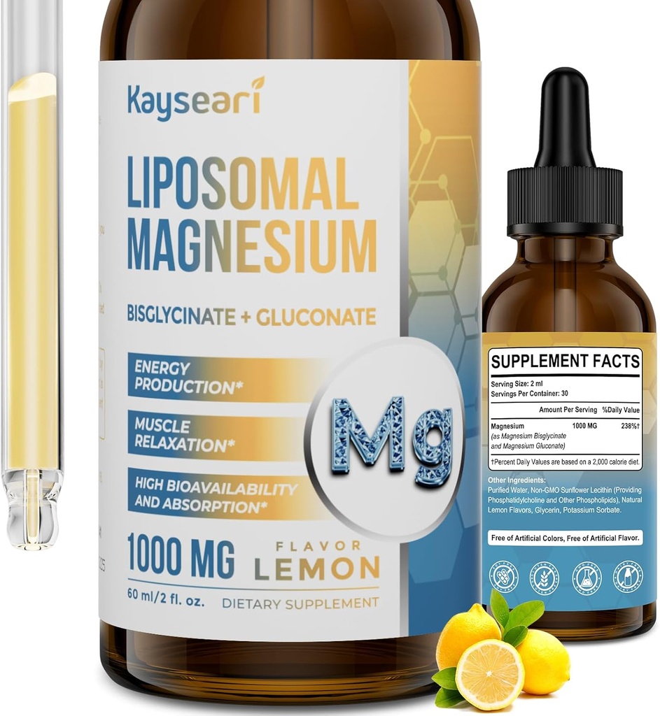 High Strength Liposomal Magnesium Drops, Easily Absorbed Chelated Forms of Magnesium Bisglycinate and Magnesium Gluconate, 60ML Lemon Flavored Liquid Drops