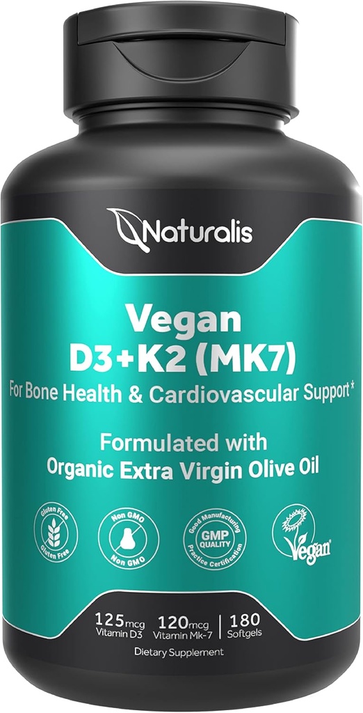 Naturalis Vegan D3 + K2 Ekstra Virgin Zeytinyağı ile | 5000iu Vitamin D ile 120 • MK7 K | Bone & Immune Health | Vegan Society Onaylandı 180 Softgels
