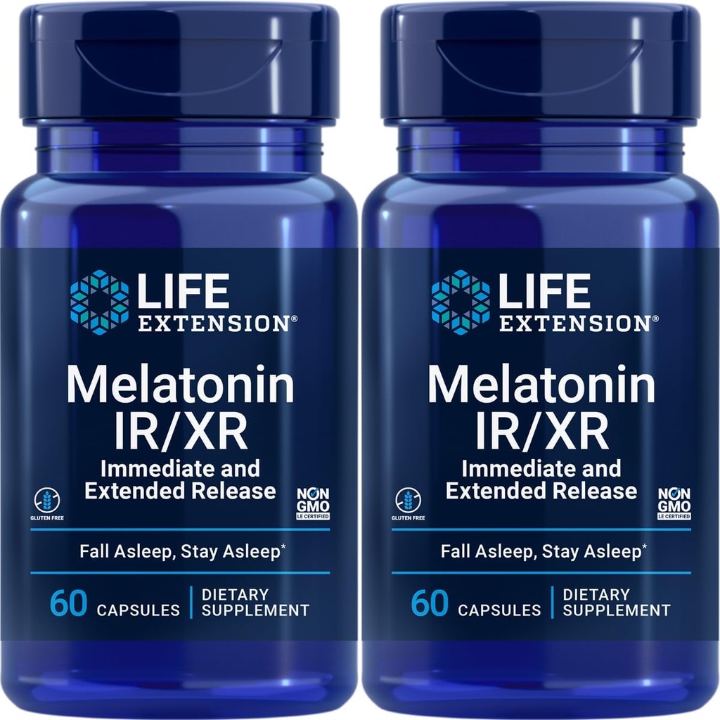 Life Extension Melatonin IR/XR, 1.5 mg, hemen ve Genişletilmiş Uyku Desteği için Formula, Sağlıklı Uykulu Rhythms, Hücre Savunması, Gluten-Free, Non-GMO, 2 X 60 Capsules