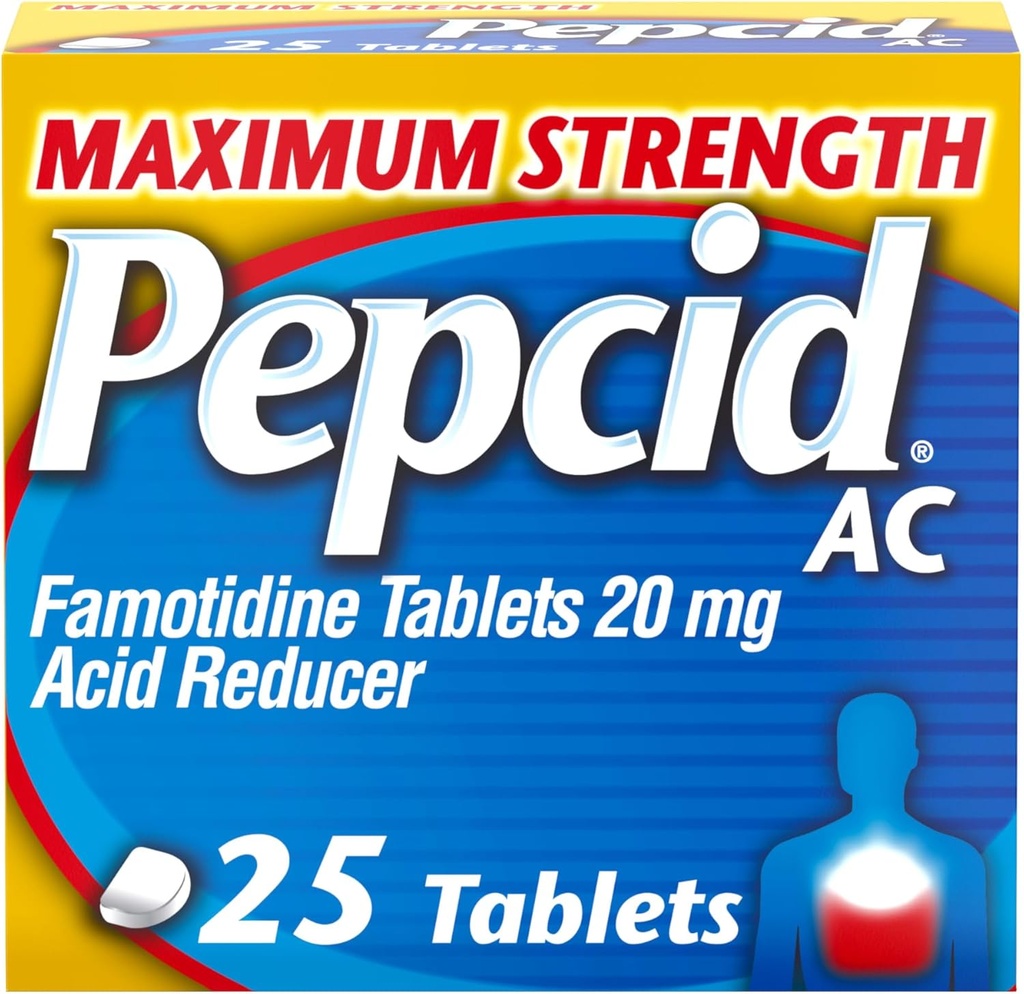 Pepcid AC μέγιστη δύναμη Heartburn Relief Tablets, OTC Medicine Αποτρέπει & Ανακουφίζει Heartburn & Acid Relux Λόγω της οξείας δυσπεψίας, 20mg Famotidine Acid Reducer, ταχείας δράσης, 25 ct