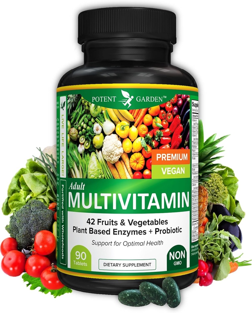 Potent Garden Kadınlar ve Erkekler için Çokvitamin, 42 Meyve ve Sebze Artı Probiyotikler, Enerji Metabolism & Immune Sistemi, Erkekler ve Kadınlar için Günlük Çokvitamin, 90 Tabs, 30 Hizmet