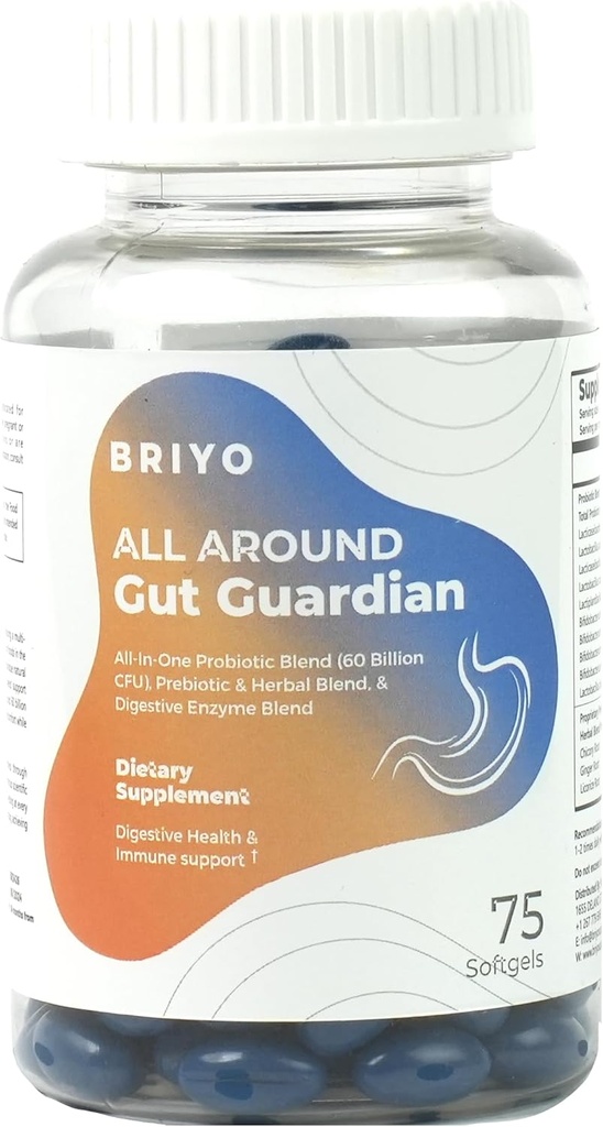 Briyo Gut Guardian Gut Health Support - 60 Milyar CFU Probiyotikler, Prebiyotikler, Digestive Enzymes ve Digestion & Immune Health - Relieves Constipation, Diarrhea, Gas & Bloating