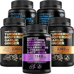 MEDCHOICE Sleep Melatonin (90ct), Turmeric & Ginger (240ct) ve Nootropic Brain (120ct) Tamam Sche - Wellness Trio for Brain, Sleep, & Immune Support - Vegan, Non-GMO, Gluten-Free-Free-GMO, Gluten-Free-Free