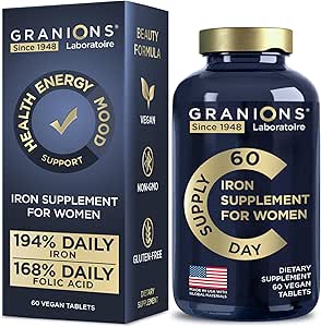 Vegan Iron Supplements for Women - 194% Daily Womens Iron Supplement for Pregnancy and Anemia Folic Acid Prenatal Vitamins - 168% Folate Folic Acid - 60 Tablets