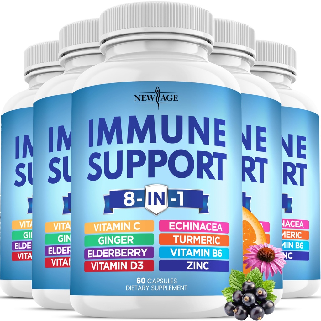 8'de Echinacea, Vitamin C ve çinko 50 mg, D 5000 IU, Turmeric Curcumin & Ginger, B6, Elderberry (8'de 1 Capsules (Pack of 5)