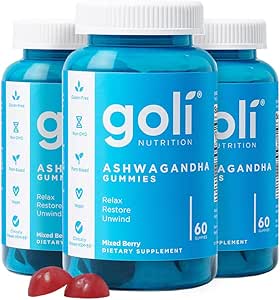 Goli Ashwagandha & Vitamin D Gummy - 180 Count - Mixed Berry, KSM-66, Vegan, Plant Based, Non-GMO, Gluten-free & Gelatin Free Relax. Επαναφορά. Χαλαρώστε, συσκευασία των 3
