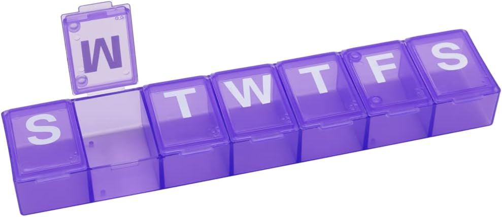 EZY DOSE Weekly (7-Day) Pill Organizer, Tıp Planlayıcı, Vitamin Storage Box, ve Kullanımı Kolay, Orta Karşılaştırmalar, Tamamlar ve Balık Yağları İçin Vaka, Seyahat Dostu, Mor, Ted Free