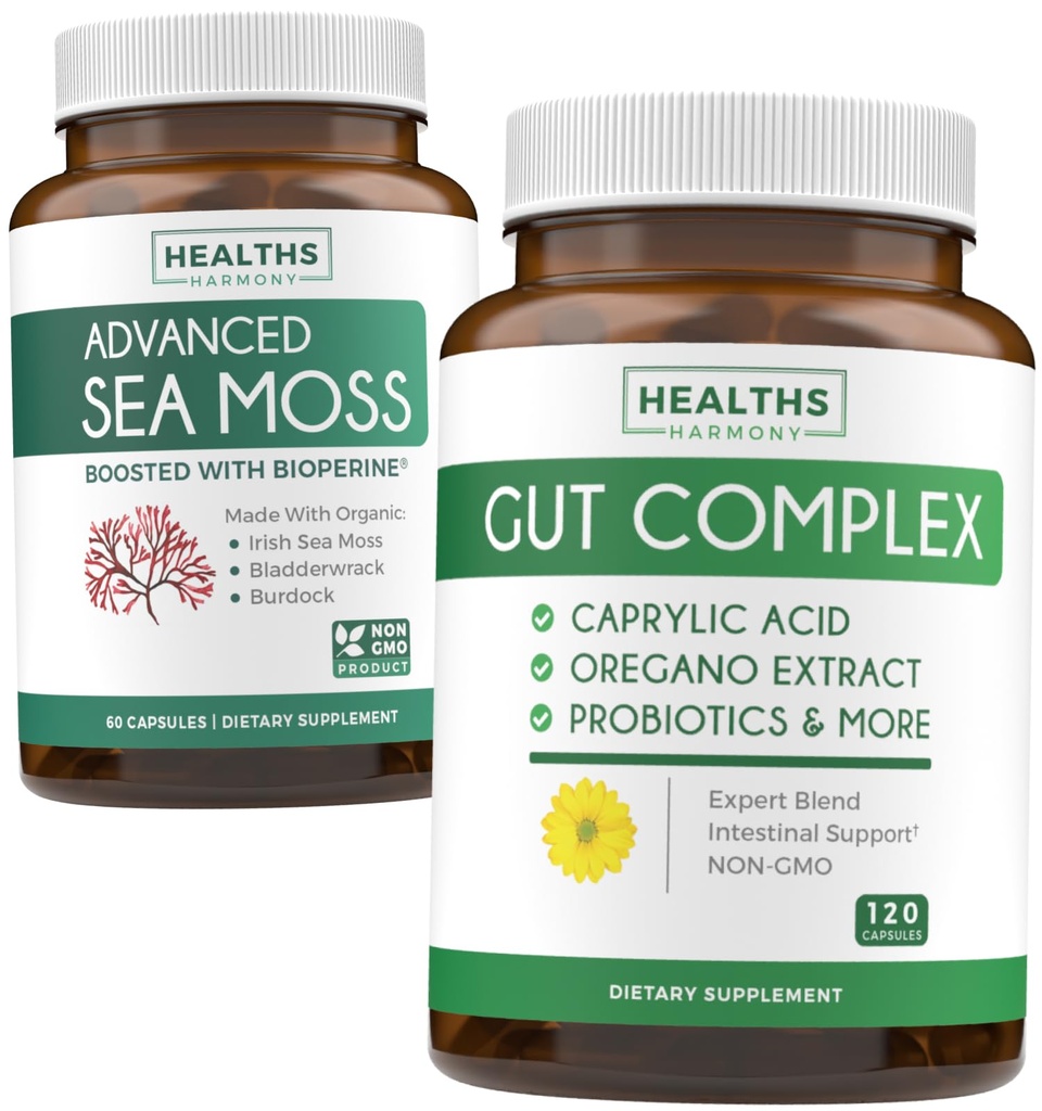 Bundle of Gut Complex & Irish Sea Moss - Inner Thrive Combo - Gut Complex with Caprylic Acid & Irish Sea Moss Caps - Raw Vegan Supplement with BioPerine (Non-GMO & Organic) - 60 Capsules