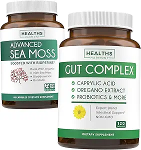 Gut Kompleksi ve İrlandalı Deniz Moss - İç Thrive Combo - Caprylic Acid & Irish Sea Moss Capsules - Raw Vegan Supplement with BioPerine (Non-GMO & Organic) - 60 Capsules