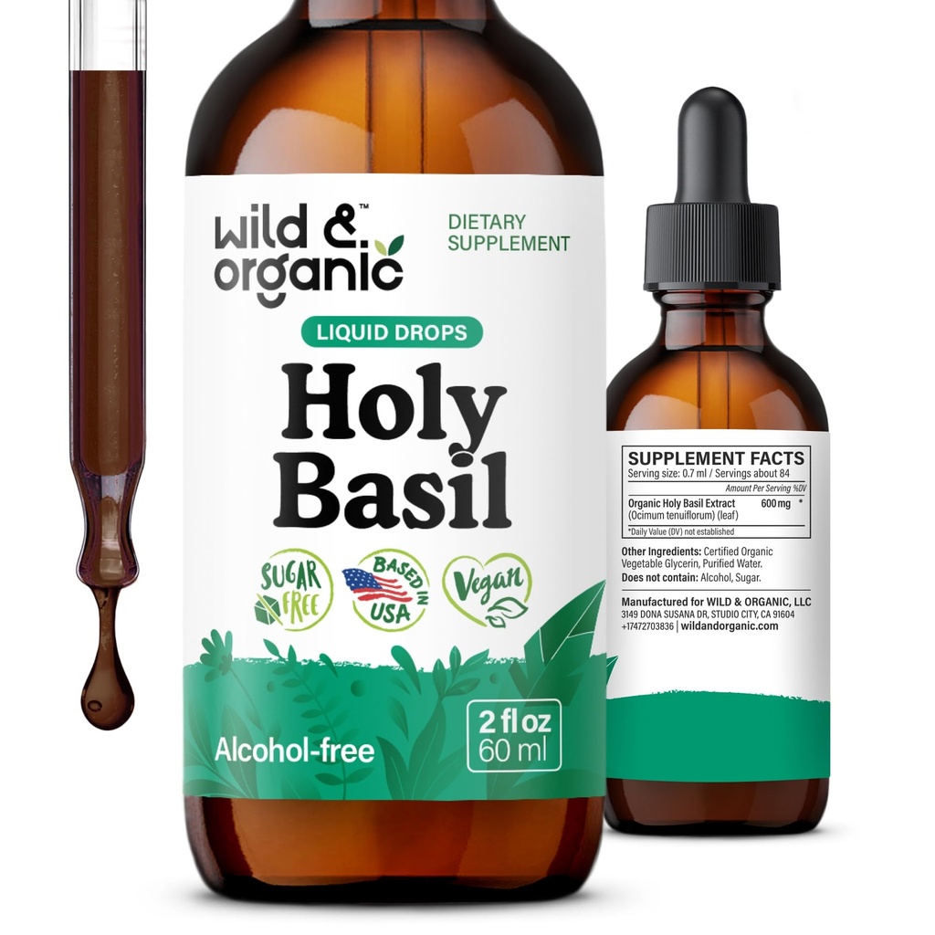 Wild & Organic Holy Basil Leaf Tincture - Rahatlama, Calmness, Mood Support - Tulsi Holy Basil Supplement - Vegan, Sugar & Alkol-Free Herb Extract Drops - 2 fl oz
