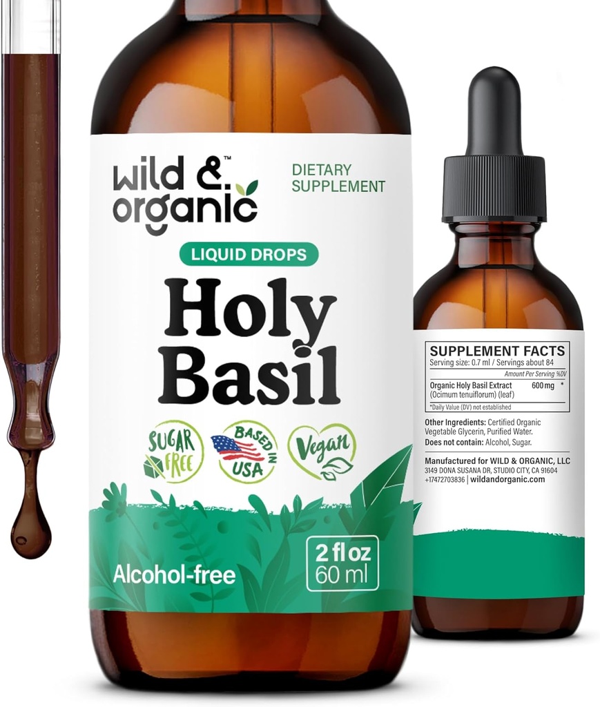 Wild & Organic Holy Basil Leaf Tincture - Relaxation, Calmness, Mood Support - Tulsi Holy Basil Supplement - Vegan, Sugar & Alcohol-Free Herb Extract Drops - 2 fl oz