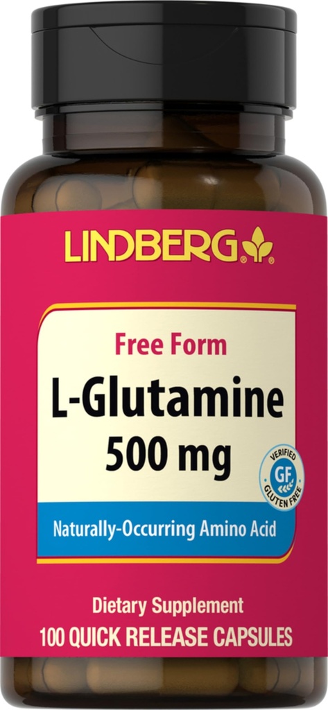 Lindberg L Glutamine Capsules for Women and Men | 500 mg | 100 Pills | Free Form Supplement | Non-GMO, Gluten Free