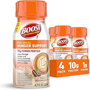 BOOST Pre-Meal Hunger Support Nutritional Drink, The Natural GLP-1 Response to a Meal, 10g Whey protein, 45 Calorie, Ready-to-Drink & Fat-Free, Mocha Flavor, 4.2 FL OZ (125mL) Şişe (4 Pack)