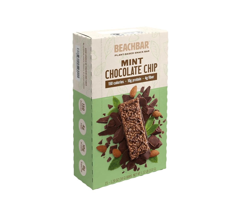BODi BeachBAR Plant-Based Mint Chocolate Chip – Protein Rich Vegan Snack Bar, Gluten-Free, Low Glymic Index, 10g protein, 150 Calories, Boxs per Boxs
