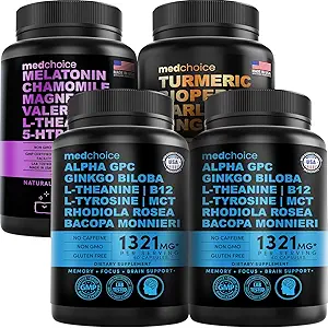 MEDCHOICE Sleep Melatonin (90ct), Turmeric & Ginger (120ct), και Nootropic Brain (120ct) Συμπλήρωμα Bundle - Wellness Trio για τον εγκέφαλο, τον ύπνο, & ανοσοποιητική υποστήριξη - Vegan, μη GMO, χωρίς γλουτένη