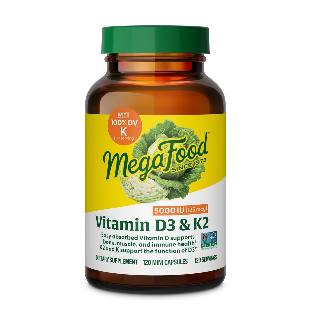 MegaFood Vitamin D3 5000 IU (125 mcg) - Vejetaryen Supplements with Vitamin D3 K2 - Supports Bones, Teeth, Muscles & Immune Health - Certified Non-GMO - 120 Mini Capsules, 120 Servisler