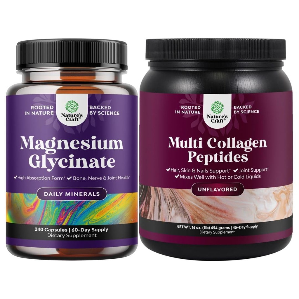 Bundle of High Absorption Magnesium Glycinate Capsules for Calming Sleep Plus Muscle Bone & Nerve Support and Multi Collagen Protein Powder for Women and Men - Hair Skin and Nails Vitamins