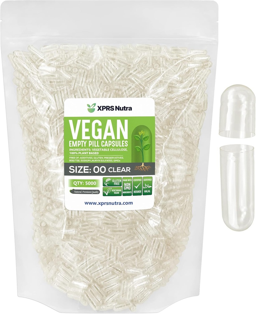 XPRS Nutra Size 00 Empty Capsules - 5000 Count Joined Clear Empty Vegan Capsules - Vegetarian Empty Pills - DIY Vegetable Capsule Filling- Veggie Pill Caps